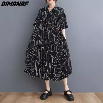 DIMANAF 2023, летнее платье-футболка больших размеров, женское свободное платье с асимметричным принтом, винтажные повседневные платья, женские полосатые платья с круглым вырезом