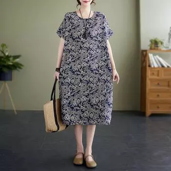 DIMANAF 2023 Летнее платье-футболка больших размеров женское полосатое вязаное свободное повседневное платье платье с цветочным принтом пляжные повседневные платья однотонные женские с круглым вырезом one size темно-синий