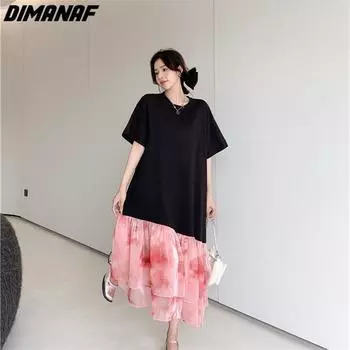DIMANAF 2023, летнее платье-футболка больших размеров, женское хлопковое свободное платье, пляжное сетчатое женское платье с круглым вырезом розового цвета XL чёрный