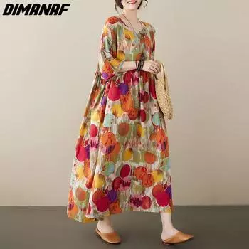 DIMANAF 2023, летнее платье-футболка больших размеров, женское платье трапециевидной формы, богемное свободное платье с цветочным принтом, повседневные платья с круглым вырезом, женское one size зелёный