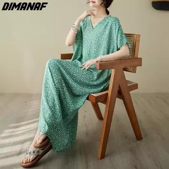 DIMANAF 2023, летнее платье-футболка больших размеров, женское свободное платье трапециевидной формы с цветочным принтом, повседневные платья с v-образным вырезом, женское one size зелёный