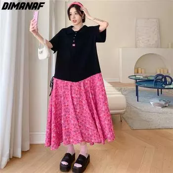 DIMANAF 2023, летнее платье-футболка больших размеров, повседневное платье в стиле пэчворк с коротким рукавом, женские свободные пляжные платья с короткими рукавами и цветочным принтом L чёрный