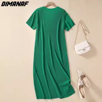 DIMANAF 2023, летнее платье-футболка больших размеров, женское однотонное свободное платье, винтажное повседневное платье с круглым вырезом, женское