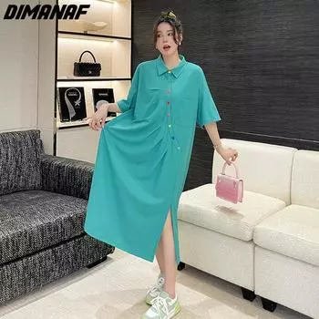 DIMANAF 2023, летнее платье-футболка, пляжное женское платье больших размеров, однотонное свободное платье большого размера, черное XL чёрный