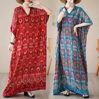 DIMANAF 2023 Летнее платье-рубашка больших размеров женское свободное длинное платье с винтажным принтом повседневное пляжное с v-образным вырезом и карманами с короткими рукавами тонкое платье