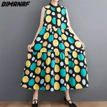 DIMANAF 2023, летнее платье-рубашка больших размеров, женское свободное платье с цветочным принтом, пляжное повседневное женское платье в горошек с круглым вырезом