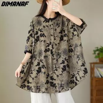 DIMANAF 2023, летнее платье-рубашка больших размеров, женское льняное свободное платье с цветочным принтом, пляжные повседневные женские платья с круглым вырезом one size чёрный