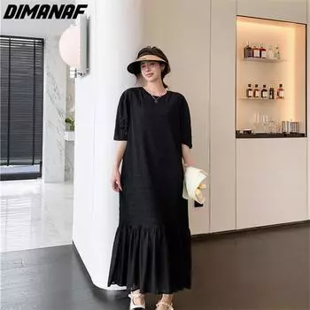 DIMANAF 2023 Летнее платье-рубашка Женское свободное платье Шифон Пляж Сплошные повседневные винтажные женские платья О-образный вырез Пышный рукав