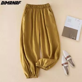 DIMANAF 2023 летние длинные брюки женские эластичные брюки свободные повседневные женские льняные базовые брюки-шаровары размера плюс