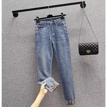 DIMANAF 2023 Летние джинсы больших размеров, длинные брюки-карандаш, женские эластичные свободные прямые повседневные женские базовые тонкие брюки синего цвета с высокой талией 5XL