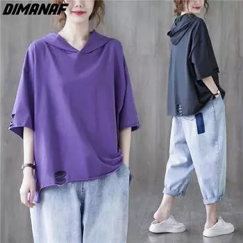 DIMANAF 2023 летние женские футболки больших размеров, однотонные топы с принтом, футболки-туники, свободная хлопковая рубашка оверсайз, повседневная фиолетовая одежда One Size чёрный