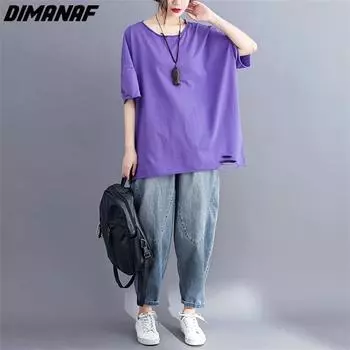 DIMANAF 2023, летние женские футболки больших размеров, однотонные топы с дырками, футболки-туники, свободная хлопковая рубашка оверсайз, повседневная фиолетовая одежда