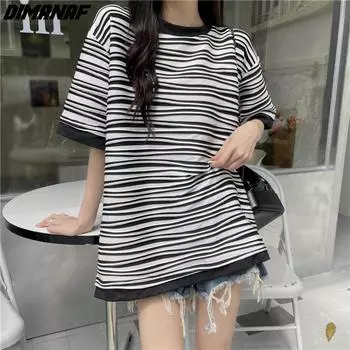 DIMANAF 2023 летние женские футболки больших размеров, женские топы в полоску, футболки-туники, эластичная свободная повседневная одежда больших размеров