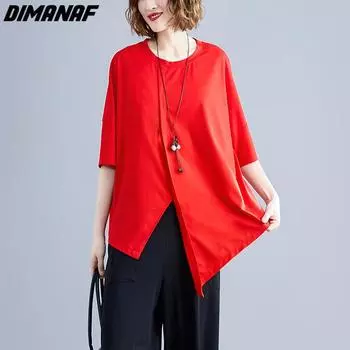 DIMANAF 2023 летние женские футболки больших размеров, однотонные женские топы, футболки-туники, эластичная свободная повседневная красная одежда больших размеров