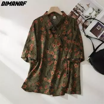 DIMANAF 2023 Летние женские льняные футболки больших размеров с цветочным принтом, свободные повседневные винтажные топы и футболки M дубильная кора