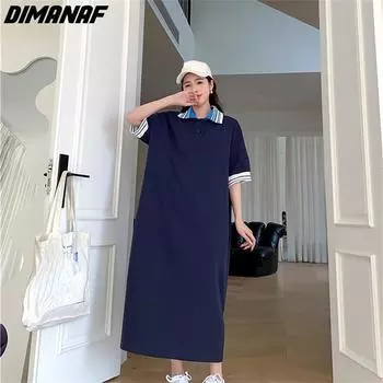 DIMANAF 2023, летняя блузка больших размеров, пляжное женское хлопковое полосатое платье с принтом, свободные синие винтажные платья