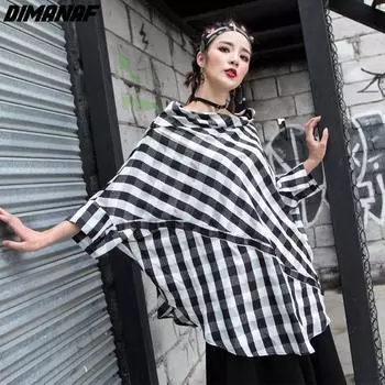 DIMANAF летняя блузка больших размеров повседневная шифоновая рубашка водолазка женская принт летучая мышь клетчатая одежда короткий рукав свободная футболка One Size чёрный