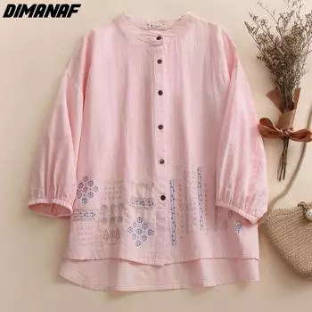 DIMANAF 2023, летняя блузка больших размеров, повседневная льняная рубашка с длинным рукавом, женская свободная желтая рубашка с длинным рукавом с вышивкой