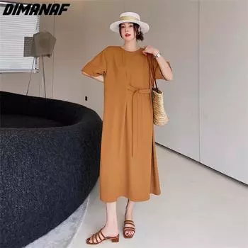 DIMANAF 2023 Летняя футболка больших размеров, платье, пляжная женская однотонная рубашка, свободные платья больших размеров 80066