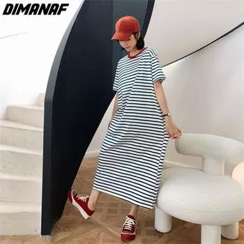 DIMANAF 2023 Летняя футболка больших размеров, платье, пляжная женская рубашка в полоску, свободные платья больших размеров, черные