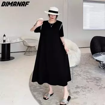 DIMANAF 2023, летняя футболка больших размеров, платье, пляжная женская однотонная рубашка, свободные новые платья большого размера, черные 3XL чёрный