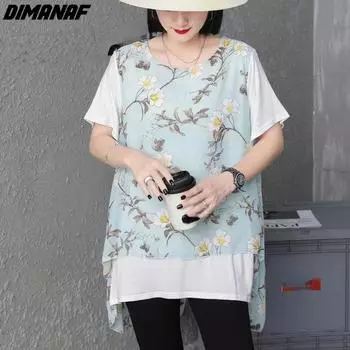 DIMANAF 2023, летняя футболка больших размеров, шифоновая женская лоскутная футболка с цветочным принтом, свободная повседневная рубашка оверсайз, 8 цветов