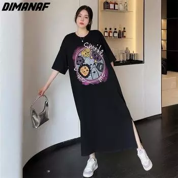DIMANAF 2023 Летняя футболка больших размеров, платье, пляжная женская рубашка с узором и принтом, свободные платья больших размеров, черные