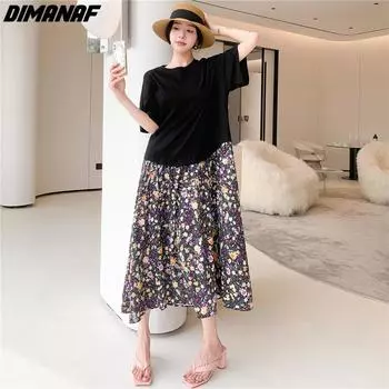 DIMANAF 2023 Летняя футболка больших размеров, платье, повседневная лоскутная рубашка с коротким рукавом, свободные женские платья с коротким рукавом и цветочным принтом L чёрный