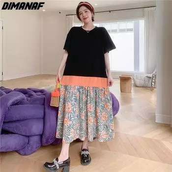 DIMANAF 2023 Летняя футболка больших размеров платье с коротким рукавом в стиле пэчворк Женская рубашка с цветочным принтом и коротким рукавом Свободные пляжные платья с узором