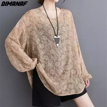 DIMANAF 2023, летняя футболка больших размеров, шифоновая женская блузка, однотонные кружевные топы с цветочным принтом, футболки, свободные повседневные рубашки больших размеров
