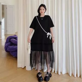 DIMANAF 2023 Летняя футболка размера плюс, женское хлопковое свободное платье с принтом и короткими рукавами, элегантные женские сетчатые платья, повседневные женские платья