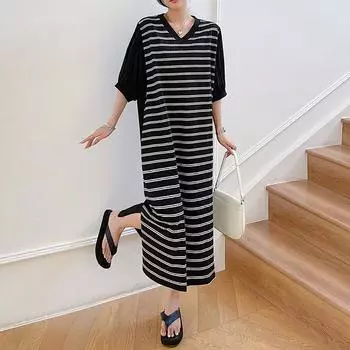 DIMANAF 2023 Летняя футболка размера плюс, женское хлопковое свободное платье с v-образным вырезом и полосатым принтом с короткими рукавами, женские сетчатые платья, повседневные женские платья