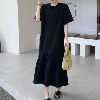 DIMANAF 2023 Летняя футболка размера плюс, женское хлопковое свободное платье с круглым вырезом, тонкое платье с короткими рукавами, повседневные женские платья