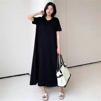 DIMANAF 2023 Летняя футболка размера плюс, женское хлопковое свободное платье с круглым вырезом, чистый цвет, с короткими рукавами, элегантные женские сетчатые платья, повседневные женские платья