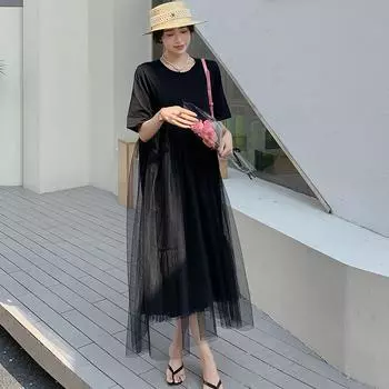 DIMANAF 2023 Летняя футболка размера плюс, женское хлопковое свободное платье с круглым вырезом и винтажным принтом, с короткими рукавами, сетчатые свободные платья, повседневные женские платья XL чёрный