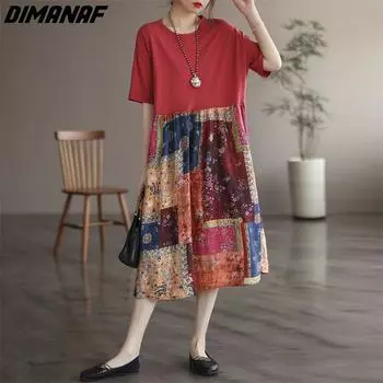 DIMANAF 2023 Летняя футболка размера плюс, женское винтажное свободное повседневное платье с принтом, платье с цветочным принтом, пляжные повседневные платья, однотонное женское платье с круглым вырезом