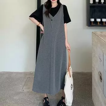DIMANAF 2023 Летняя футболка размера плюс, женское хлопковое свободное платье с круглым вырезом, винтажное платье из двух частей с короткими рукавами, свободные повседневные женские платья XL серый