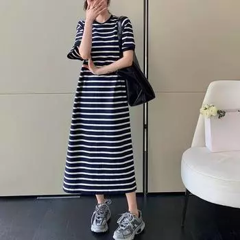 DIMANAF 2023 Летняя футболка размера плюс, женское хлопковое свободное платье с круглым вырезом и полосатым принтом с короткими рукавами, женские сетчатые свободные платья, повседневные женские платья XL чёрный