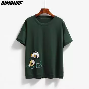 DIMANAF 2023, летняя новая футболка, женская футболка с вышивкой и принтом, свободные повседневные базовые топы с круглым вырезом, зеленый, черный One Size жёлтый