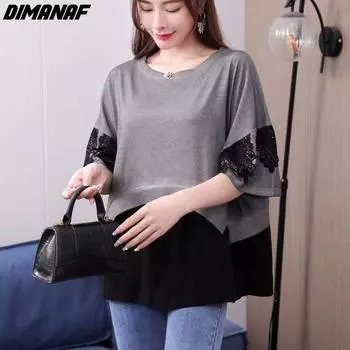 DIMANAF 2023, летняя стильная женская футболка, кружевная хлопковая футболка, модные лоскутные топы, футболки, свободные повседневные топы и футболки большого размера