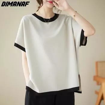 DIMANAF 2023, летняя свободная однотонная футболка больших размеров с короткими рукавами и круглым вырезом для женщин, большой женский топ среднего возраста с круглым вырезом, закрывающий живот