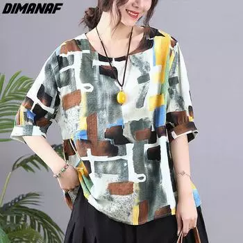 DIMANAF 2023 Летняя женская блузка больших размеров с цветочным принтом летучей мыши, льняные футболки с круглым вырезом, футболки, свободная повседневная одежда