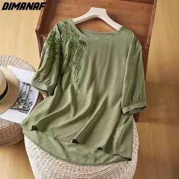 DIMANAF 2023 Лето Женская Блузка Больших Размеров Рубашка Свободная Повседневная Винтажные Женские Топы Рубашка Вышивка Цветочная Элегантная Рубашка