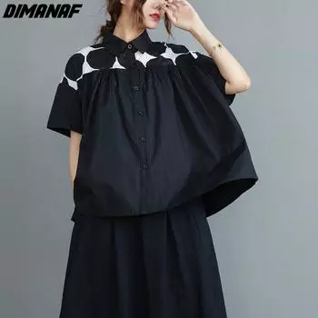 DIMANAF 2023 Новая блузка больших размеров весенняя женская лоскутная Повседневная свободная базовая короткая блузка с длинными рукавами и пуговицами в горошек L белый