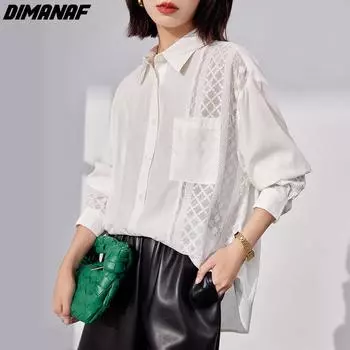 DIMANAF 2023 Новая блузка больших размеров весенняя женская лоскутная Повседневная свободная базовая белая кружевная короткая блузка с длинными рукавами и пуговицами