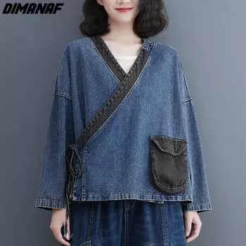 DIMANAF 2023 Новая куртка больших размеров с v-образным вырезом, пальто, женские однотонные пальто, повседневная весенняя свободная джинсовая хлопковая короткая куртка оверсайз
