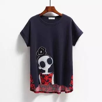 DIMANAF 2023, новая летняя футболка больших размеров, женская футболка с вышивкой и принтом в стиле пэчворк, льняные свободные повседневные топы с цветочным принтом «летучая мышь» и круглым вырезом One Size красный