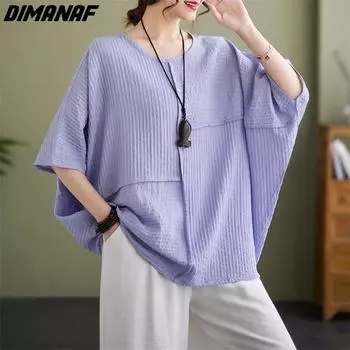 DIMANAF 2023, новая летняя футболка, женская футболка в стиле «летучая мышь» в стиле пэчворк, свободные повседневные базовые топы с круглым вырезом, футболки большого размера