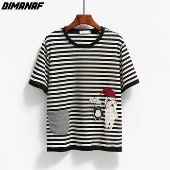 DIMANAF 2023, новая летняя футболка, женская футболка с вышивкой и принтом, полосатые свободные повседневные базовые топы с круглым вырезом One Size синий