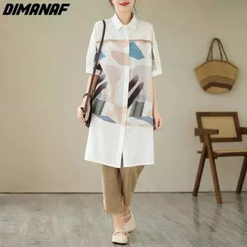 DIMANAF 2023, новая летняя стильная блузка больших размеров, льняная однотонная повседневная рубашка с цветочным принтом, женская свободная рубашка с короткими рукавами, футболки L белый